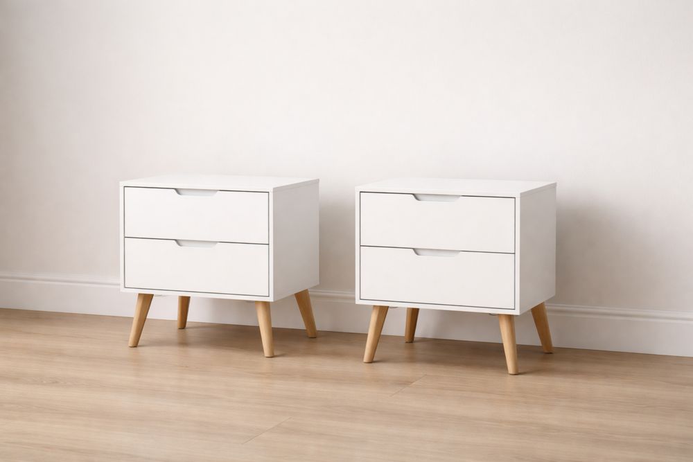 2 Piece MDF Nightstand Set with Wood Legs and Two Drawers