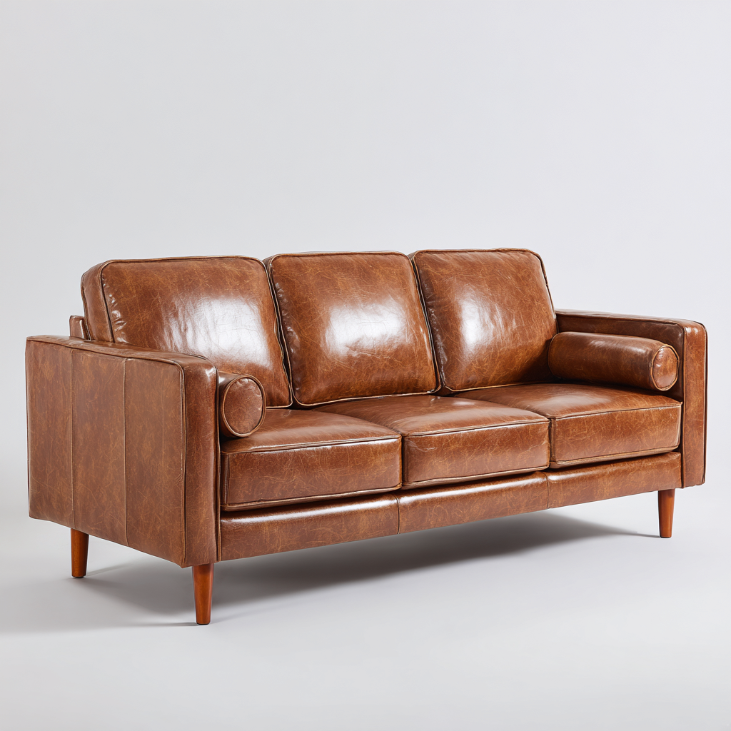 Canapé droit 3 places en cuir 210x95x85 cm - marron - style vintage-Lotaoliving