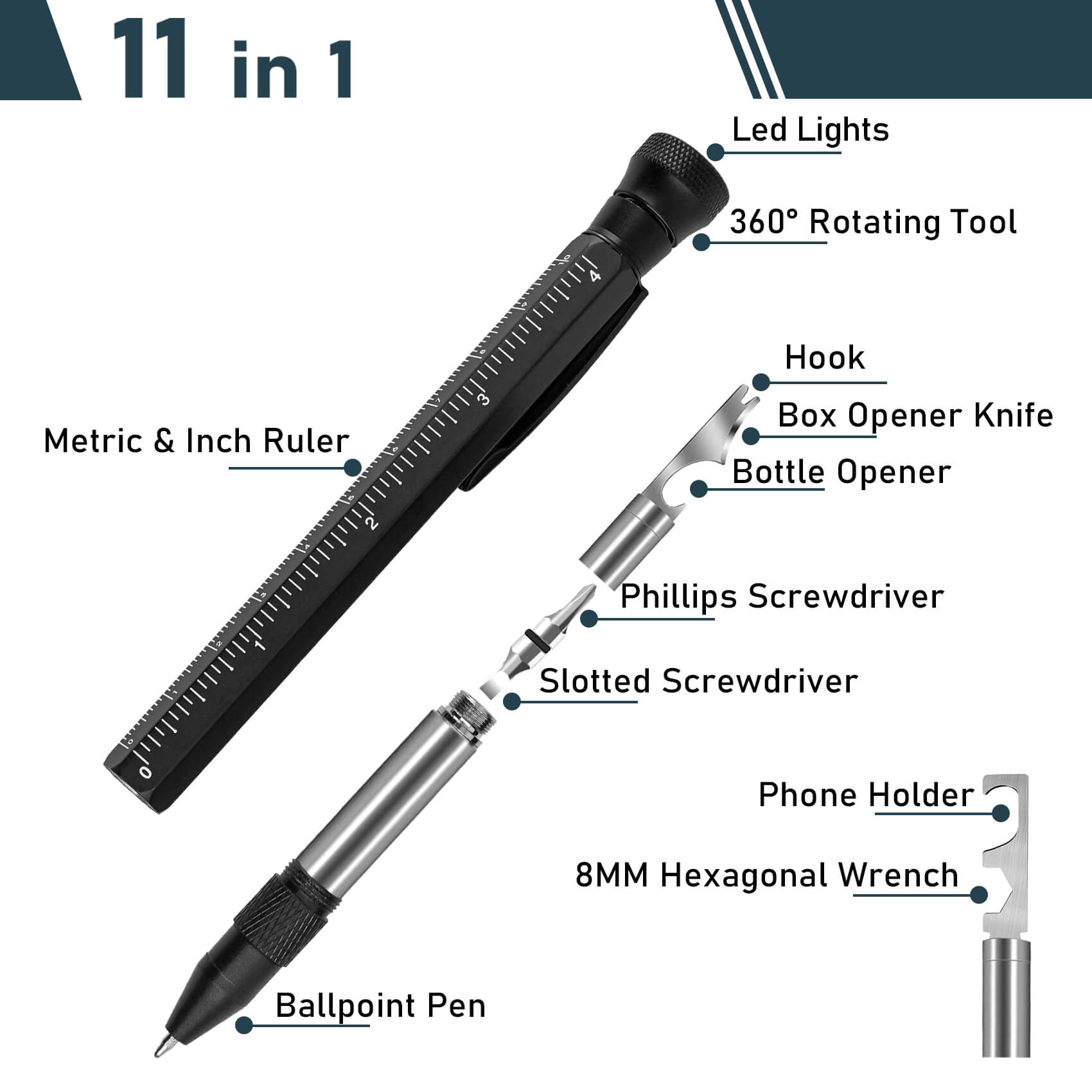 Hanboost 11 In 1 Multi-Tool EDC Pen with Ruler, Level, Bottle Opener for Handyman