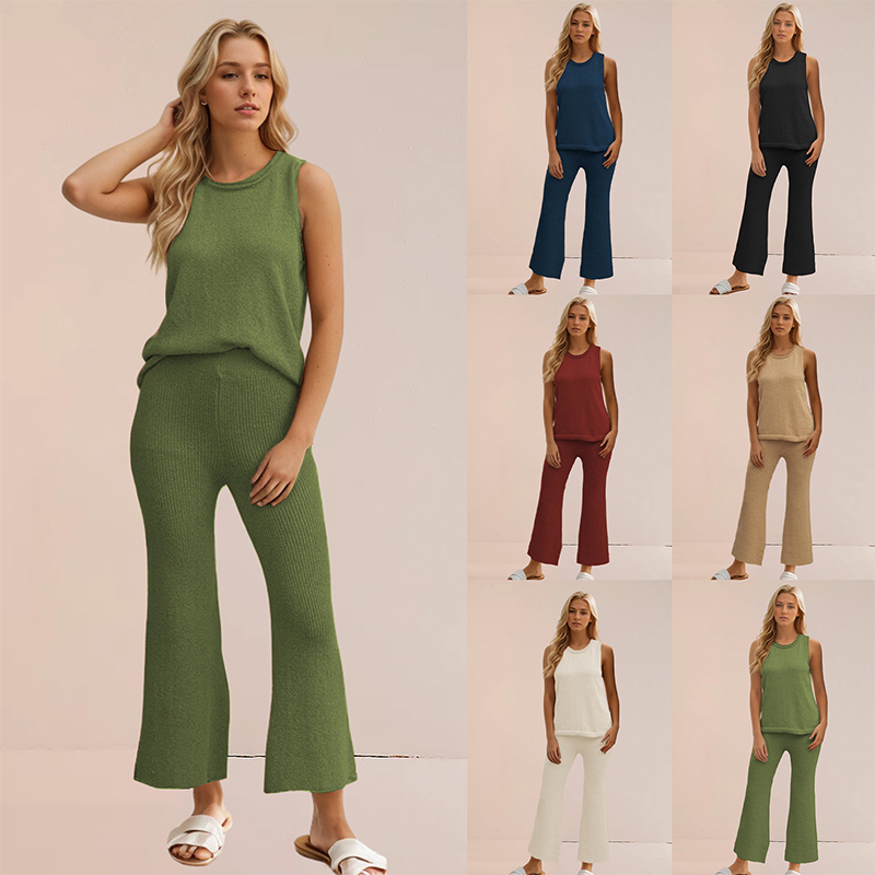 Summer new solid color knitted casual suit simple European and American style vest pullover two-piece set for women