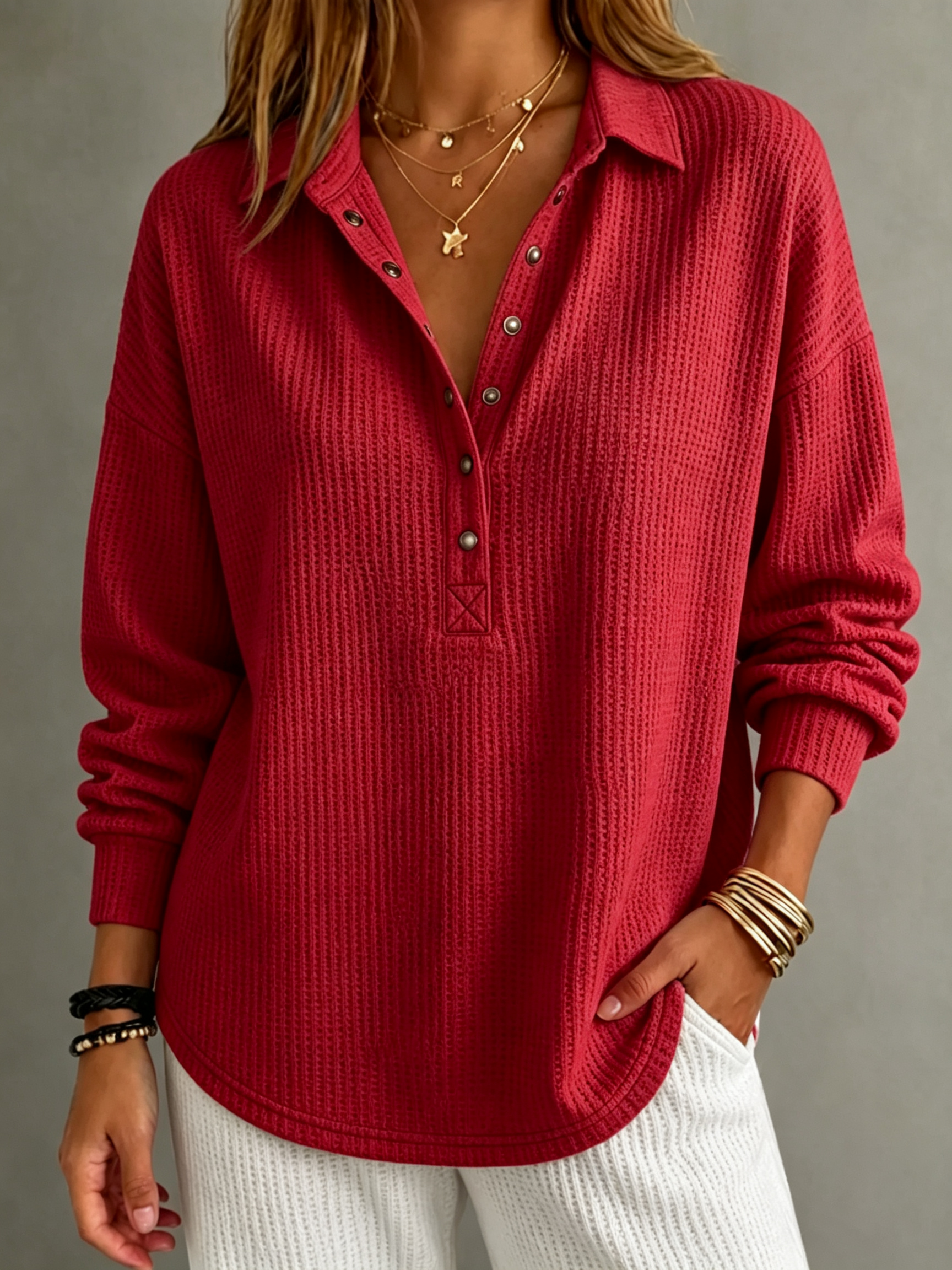 【BUY 2 FREE SHIPPING】Women Textured Waffle-Knit Collared Henley Top