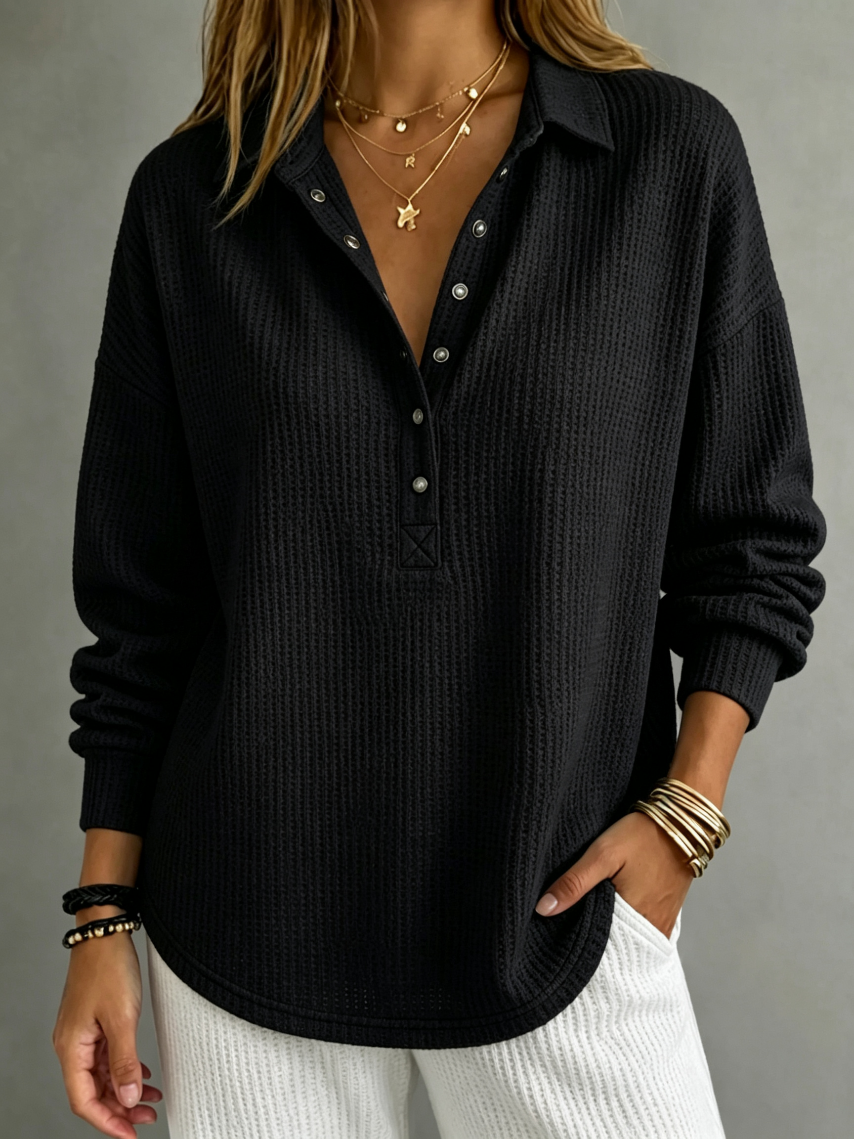 【BUY 2 FREE SHIPPING】Women Textured Waffle-Knit Collared Henley Top