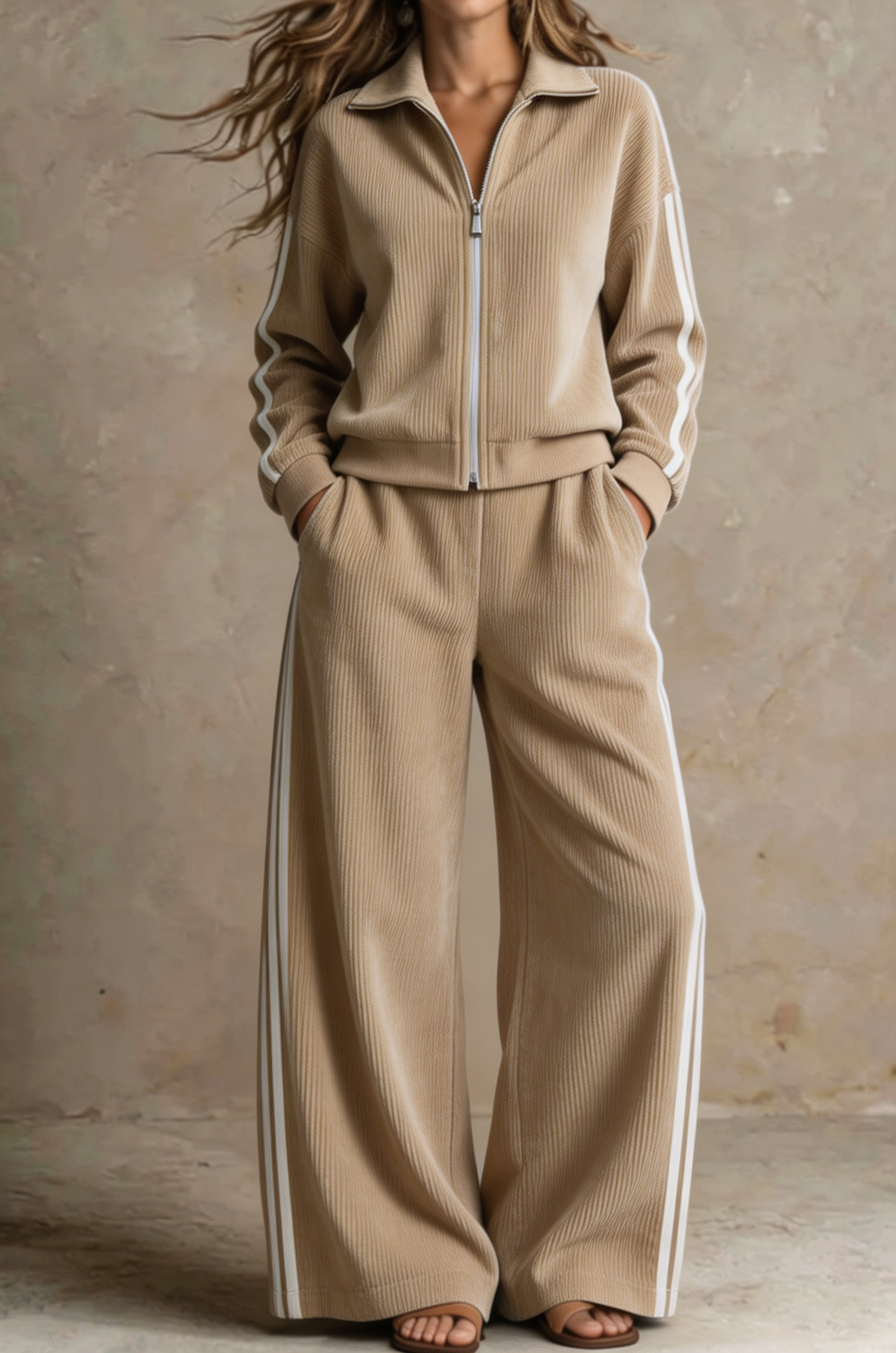 Women Ribbed Zip-Up Lounge Two-Piece Set