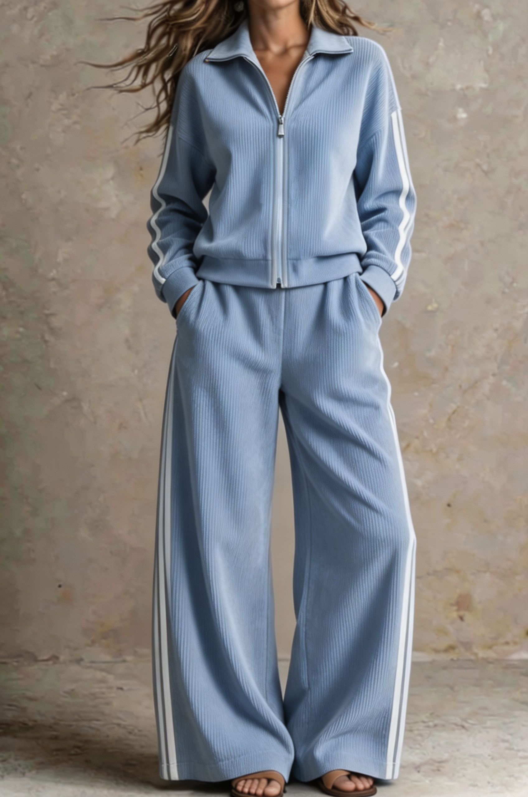 Women Ribbed Zip-Up Lounge Two-Piece Set