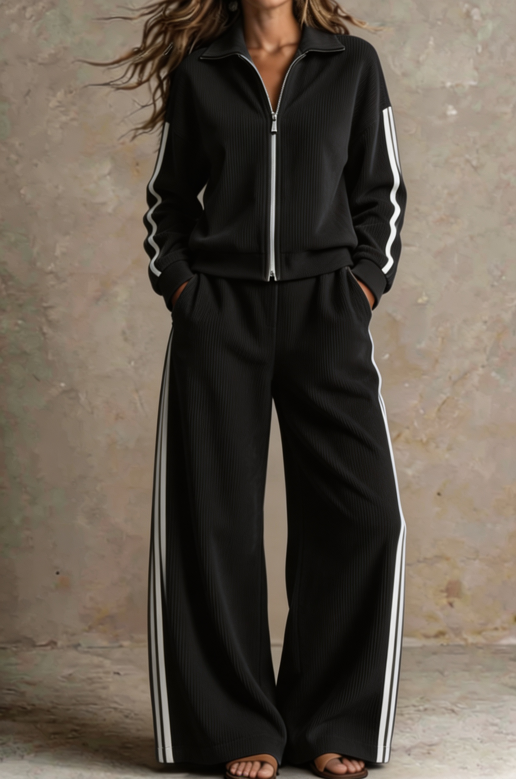 Women Ribbed Zip-Up Lounge Two-Piece Set