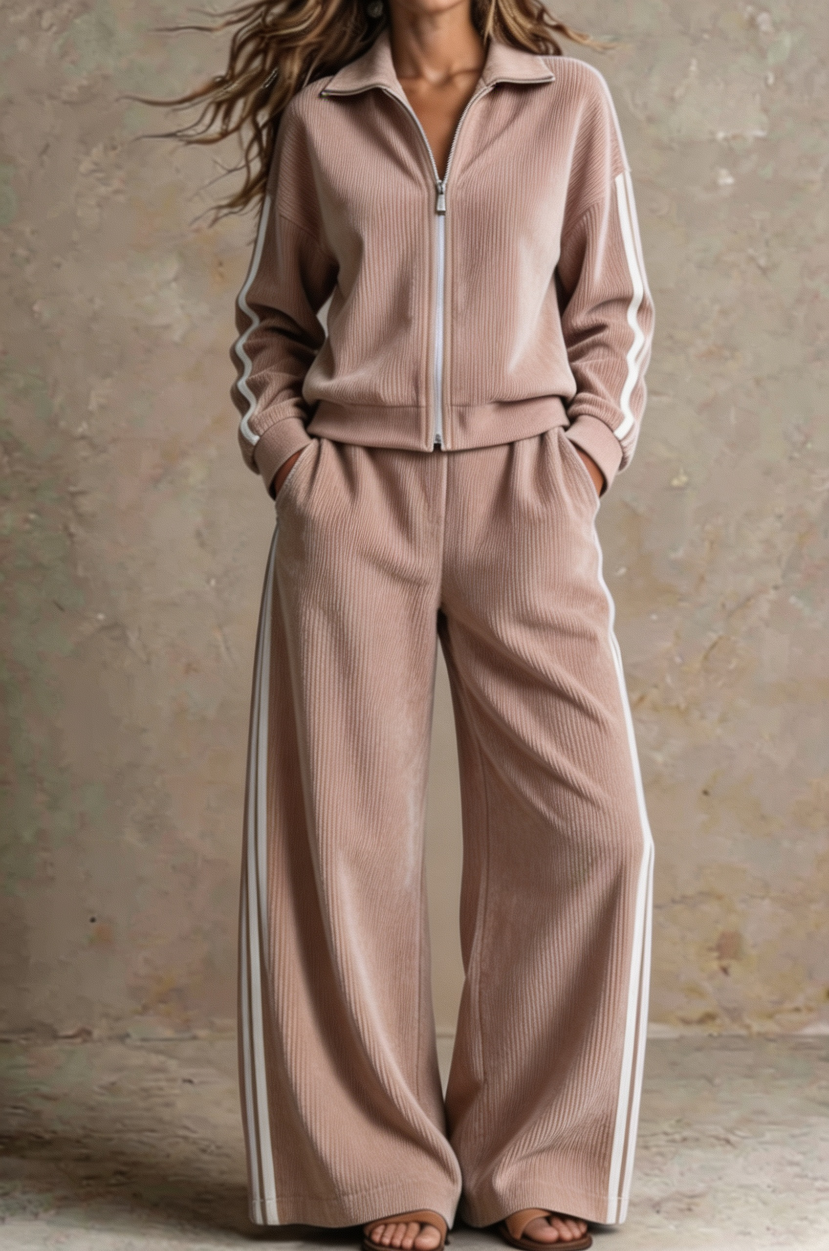 Women Ribbed Zip-Up Lounge Two-Piece Set