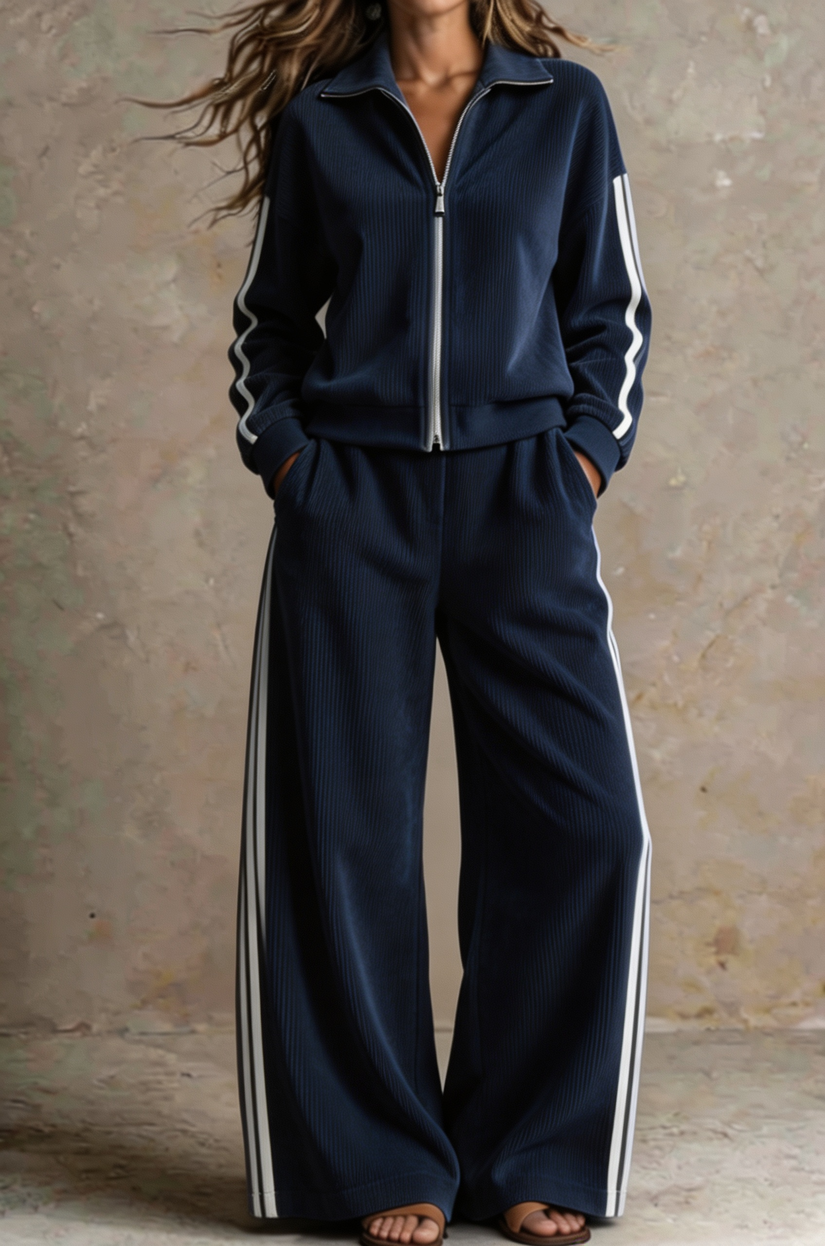 Women Ribbed Zip-Up Lounge Two-Piece Set