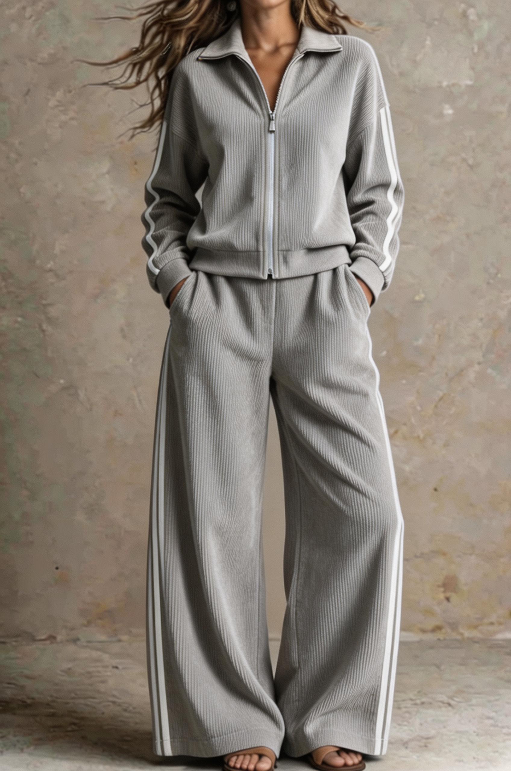 Women Ribbed Zip-Up Lounge Two-Piece Set