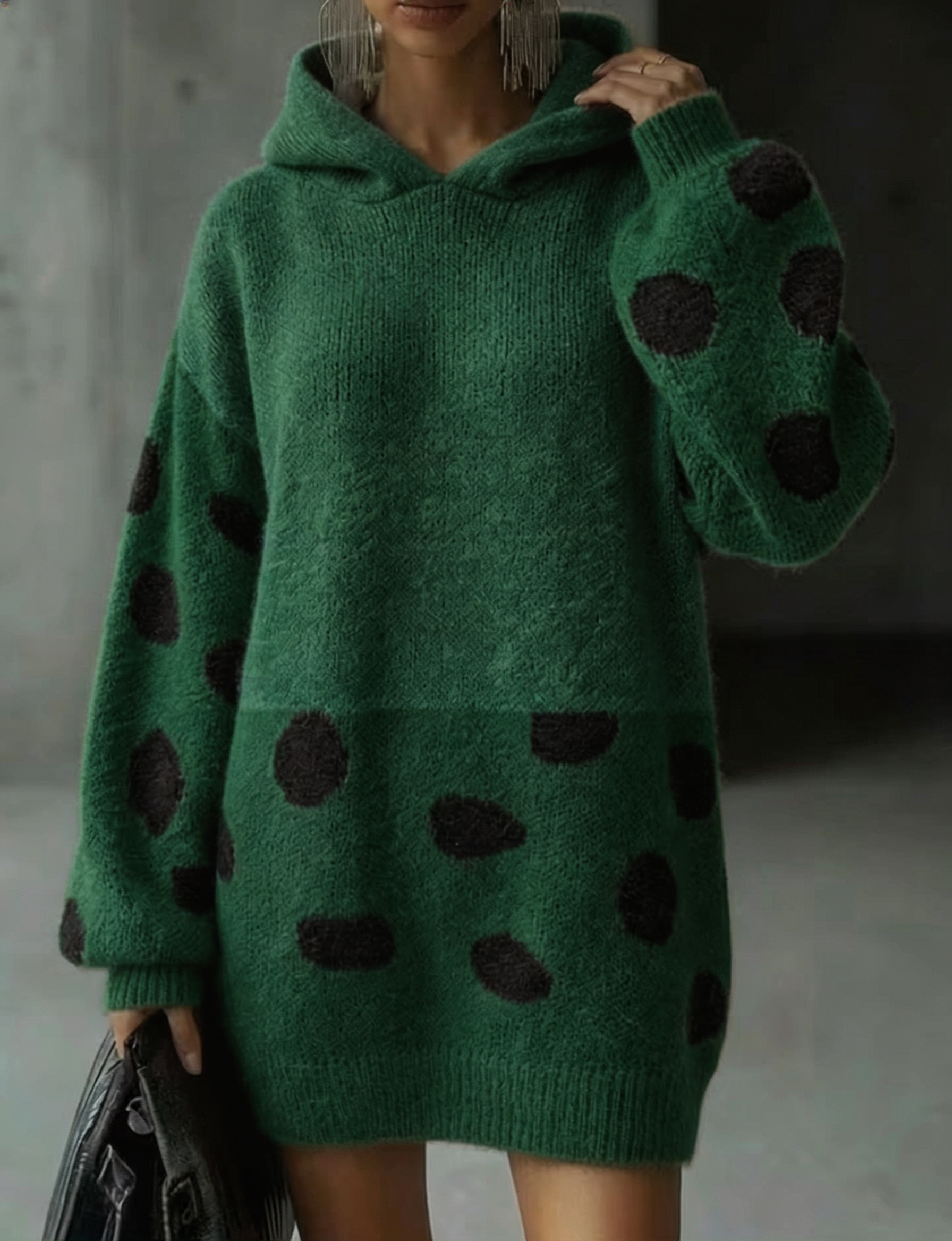 Women Color Block Polka Dot Hooded Knit Sweater Dress