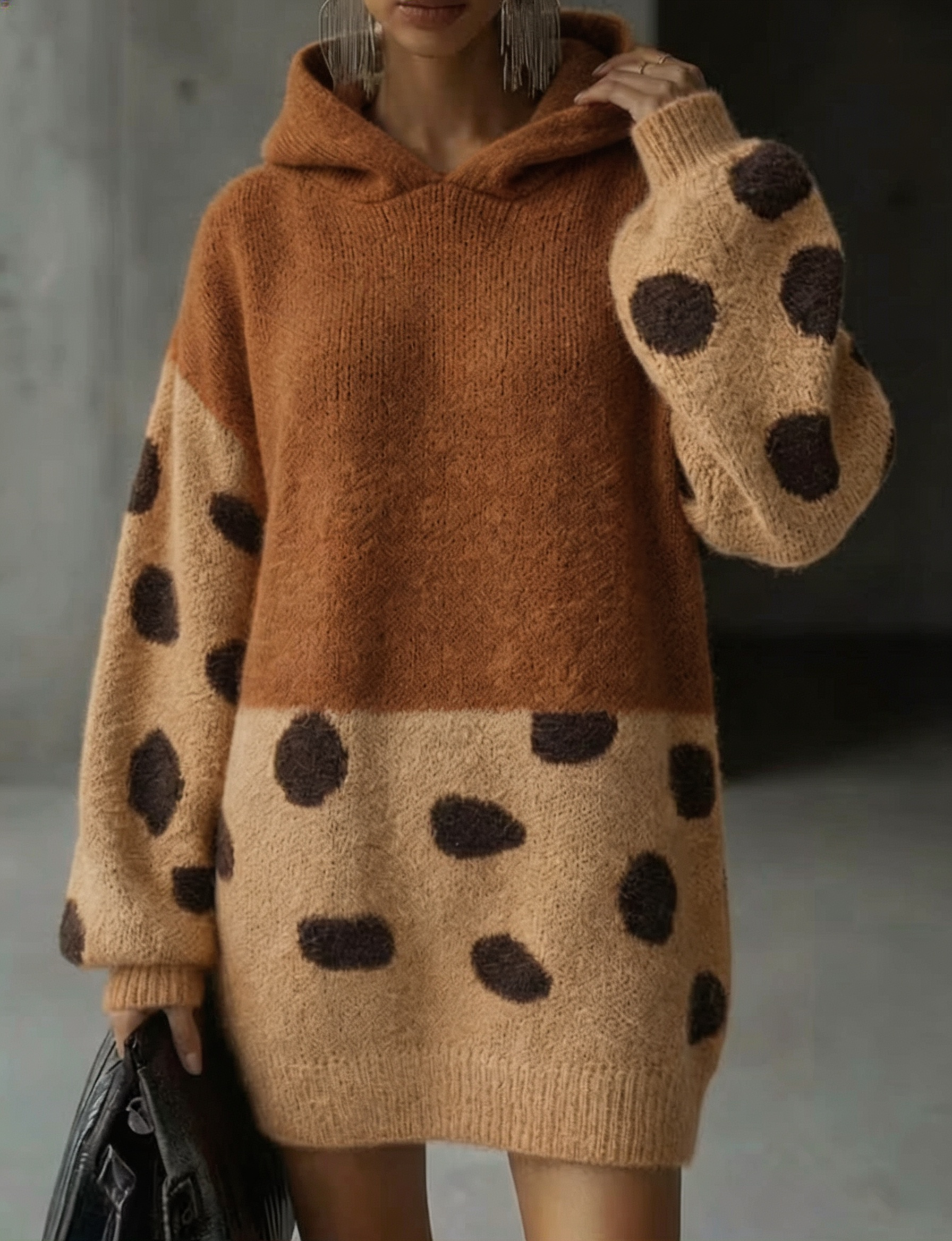 Women Color Block Polka Dot Hooded Knit Sweater Dress