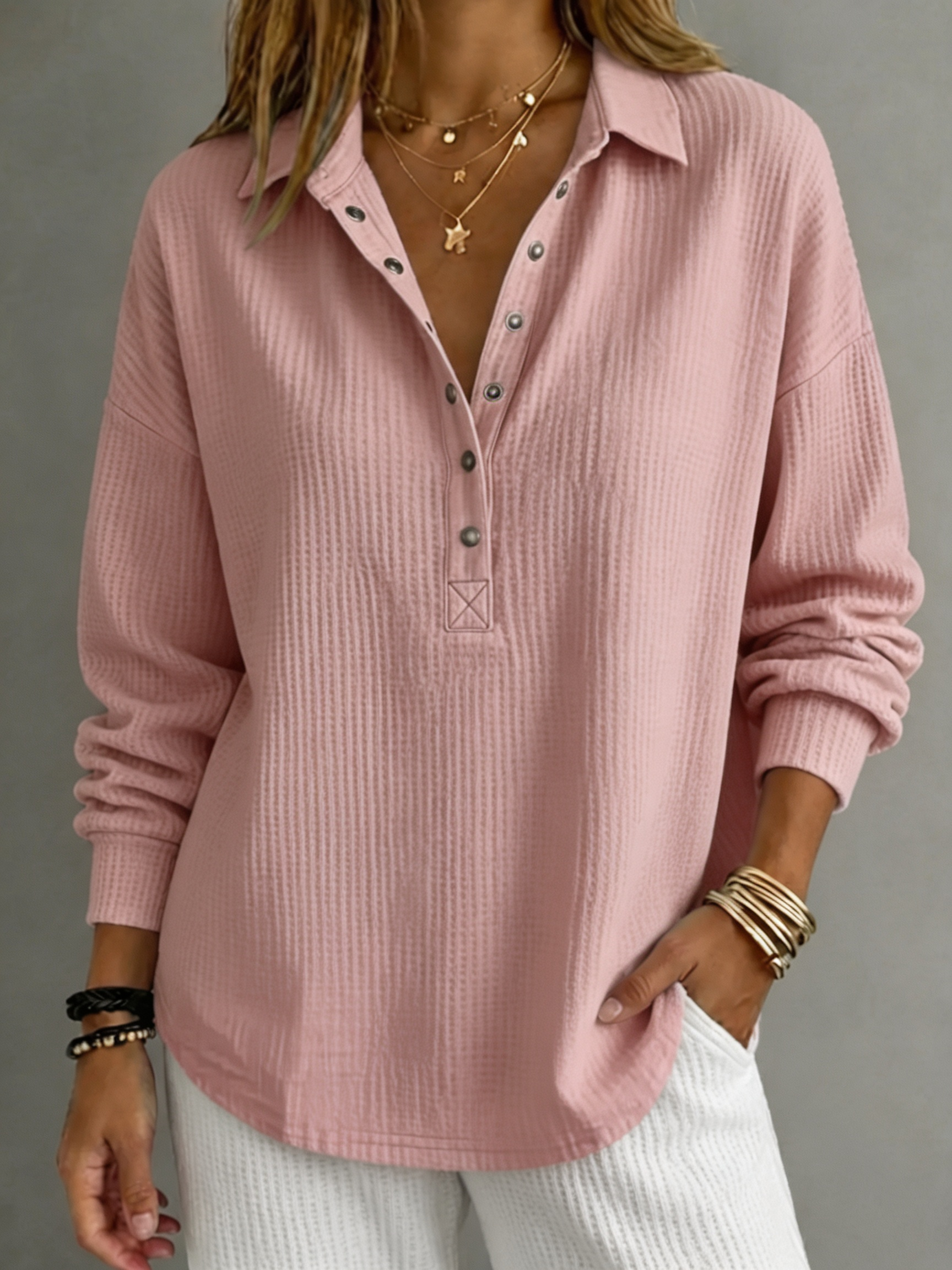 【BUY 2 FREE SHIPPING】Women Textured Waffle-Knit Collared Henley Top