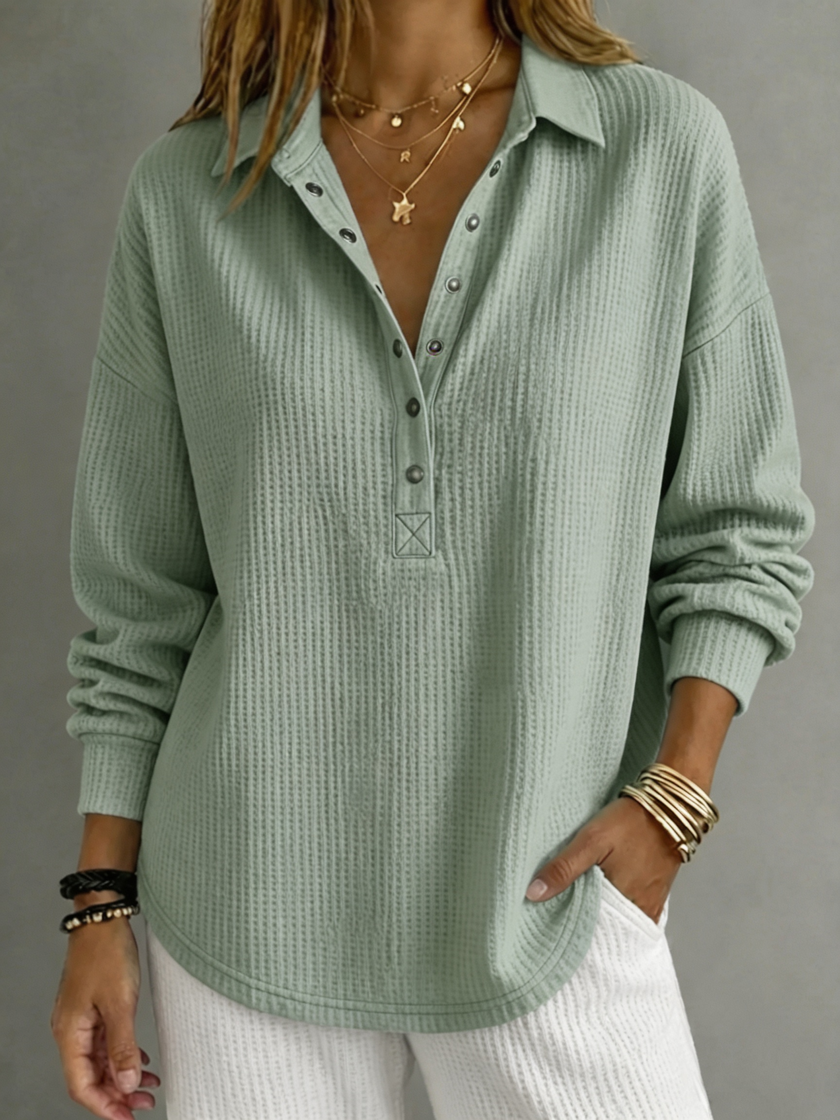 【BUY 2 FREE SHIPPING】Women Textured Waffle-Knit Collared Henley Top