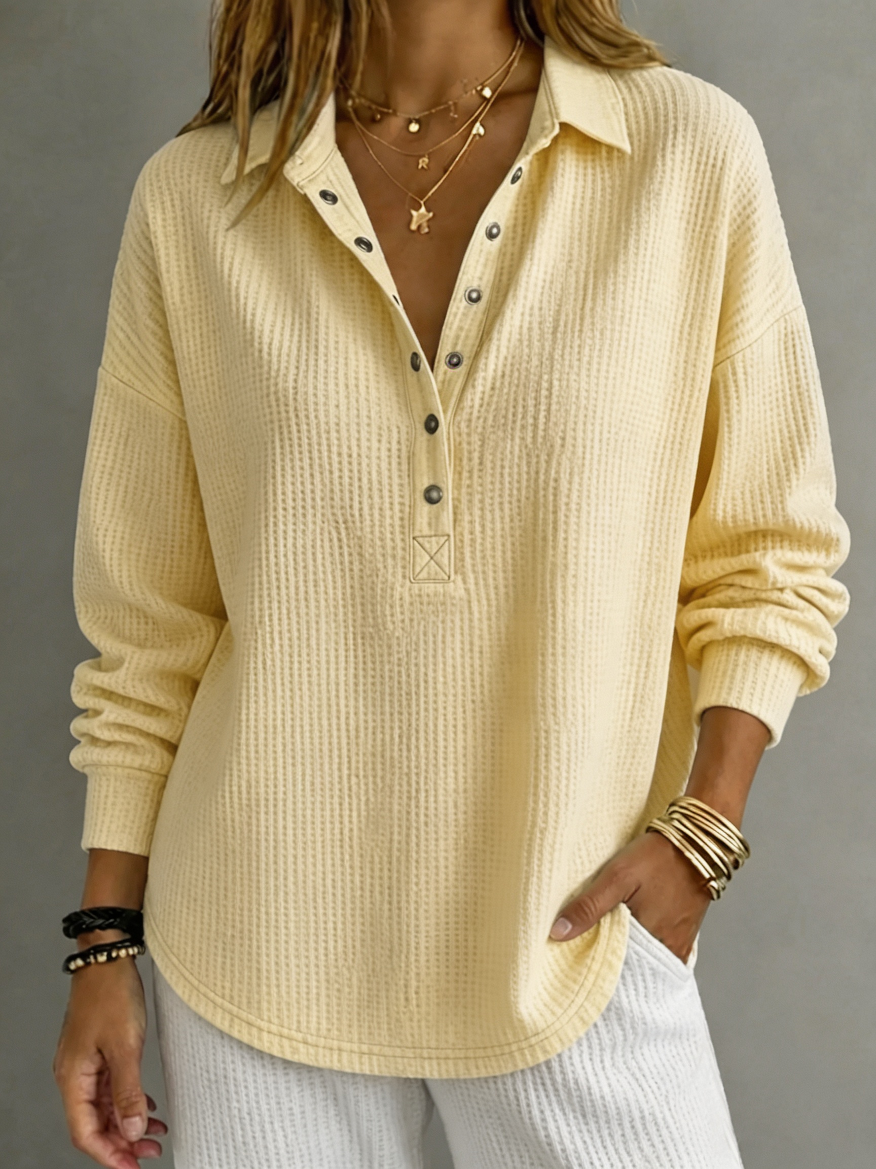 【BUY 2 FREE SHIPPING】Women Textured Waffle-Knit Collared Henley Top