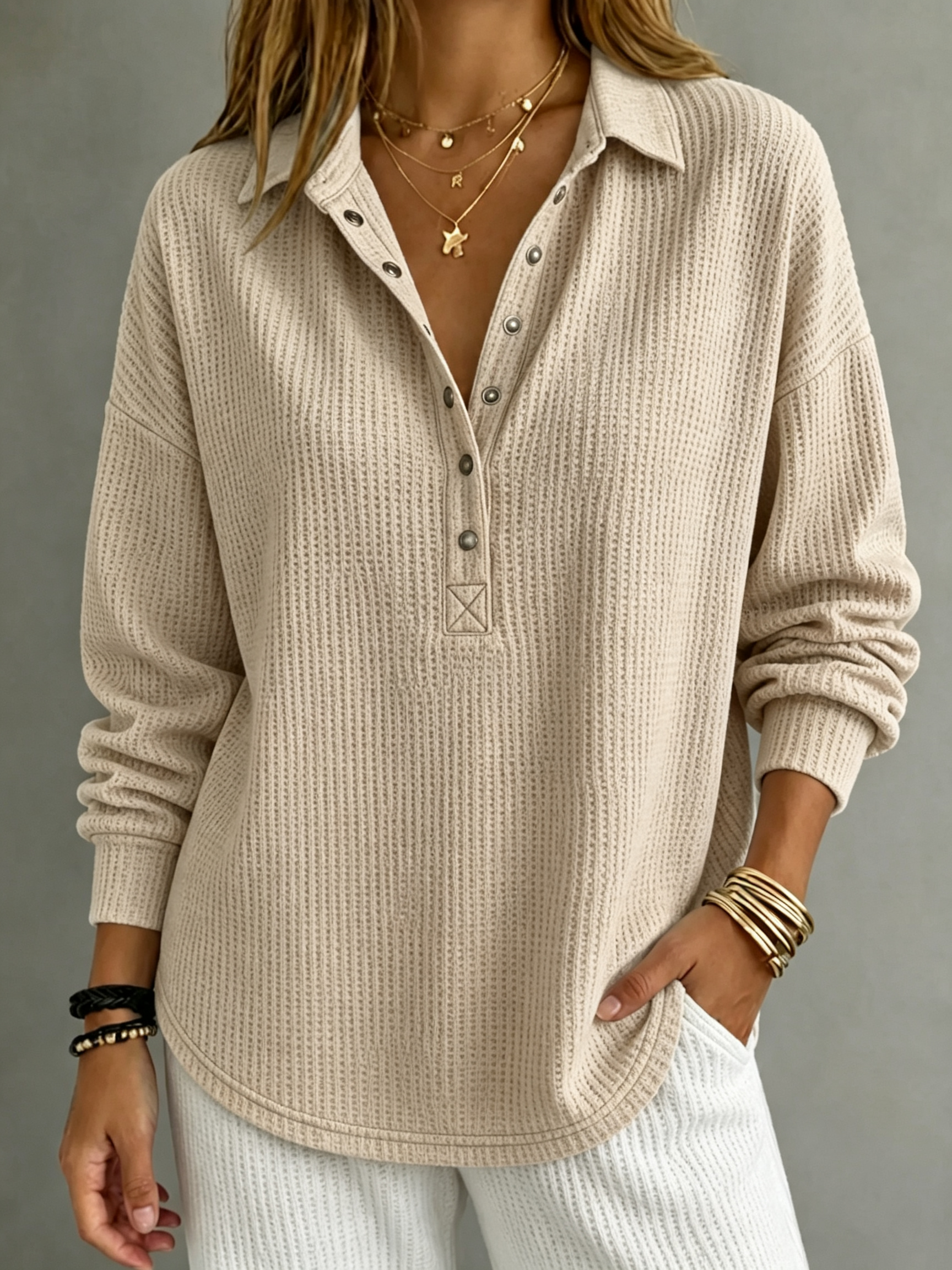 【BUY 2 FREE SHIPPING】Women Textured Waffle-Knit Collared Henley Top