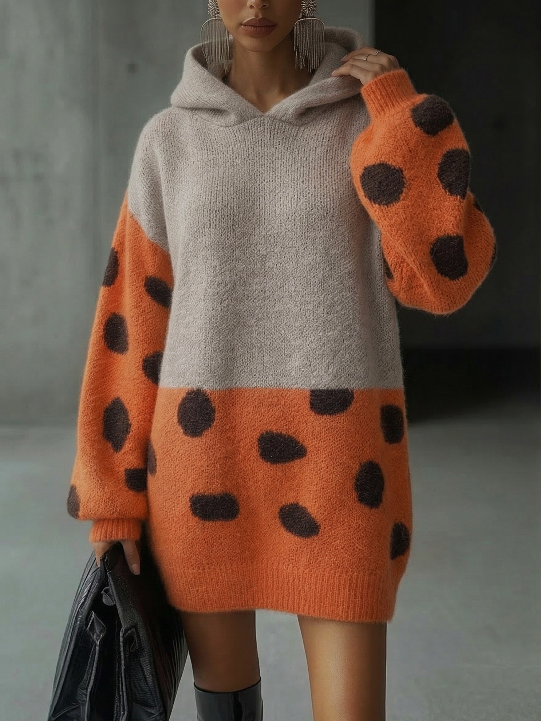 Women Color Block Polka Dot Hooded Knit Sweater Dress