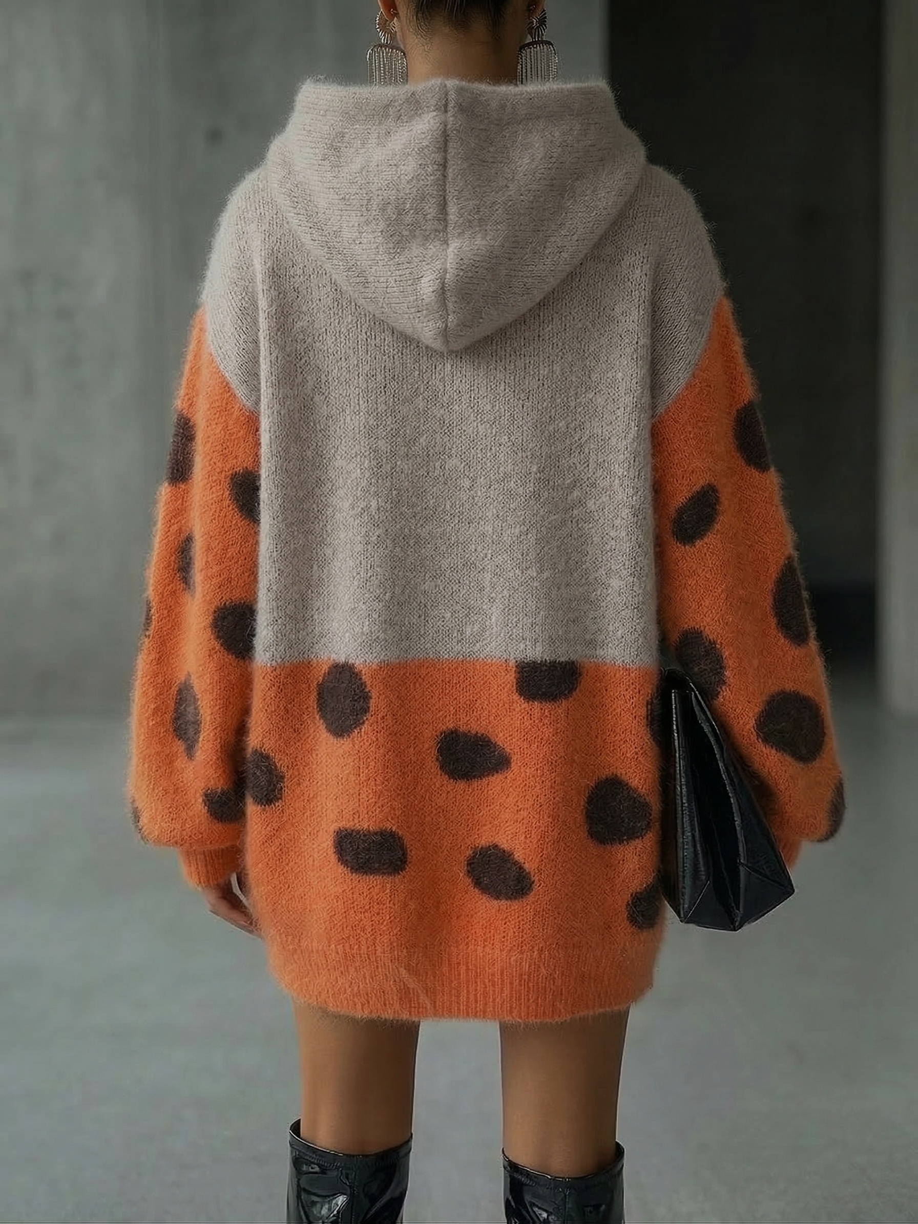 Women Color Block Polka Dot Hooded Knit Sweater Dress