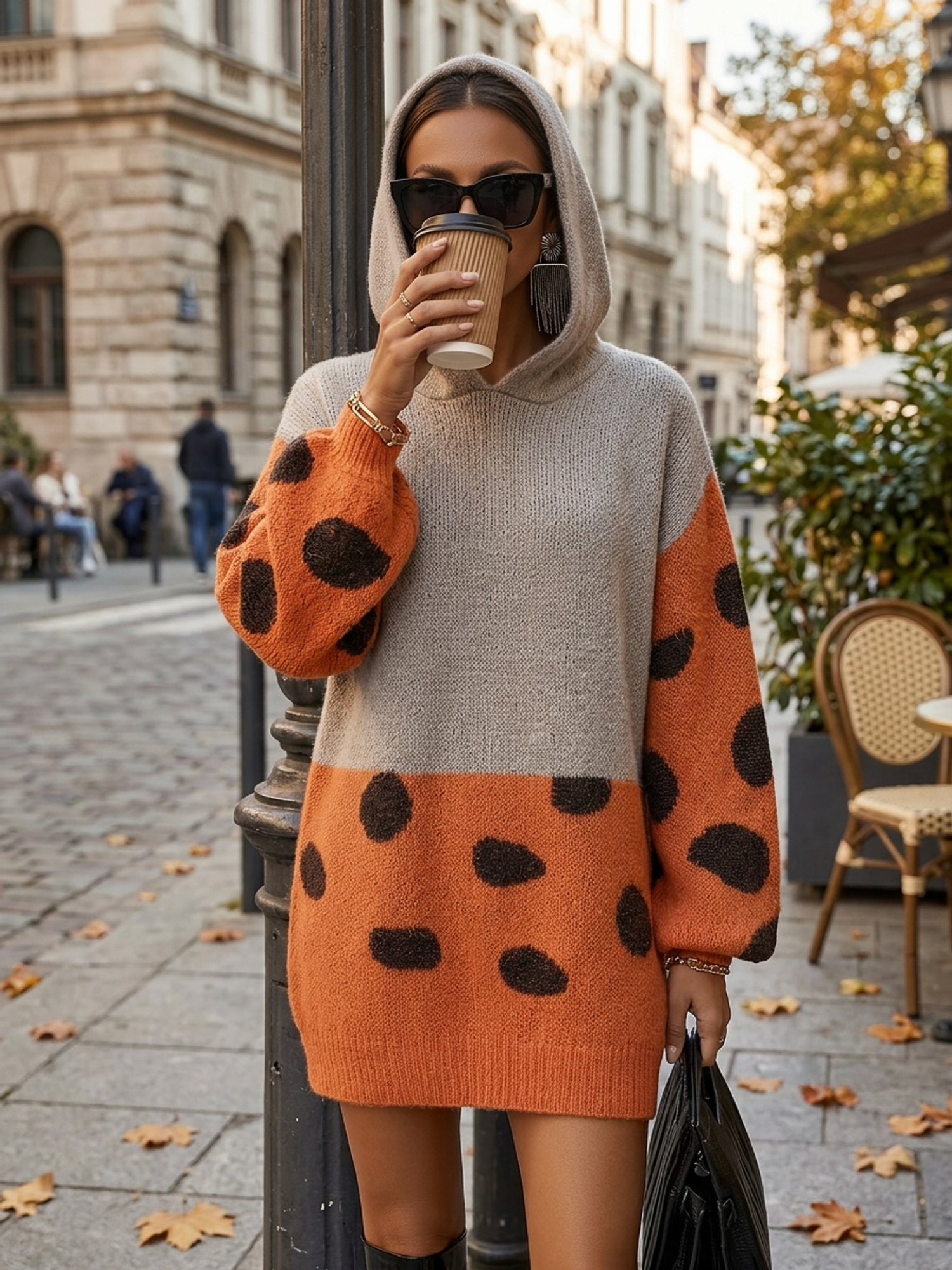 Women Color Block Polka Dot Hooded Knit Sweater Dress