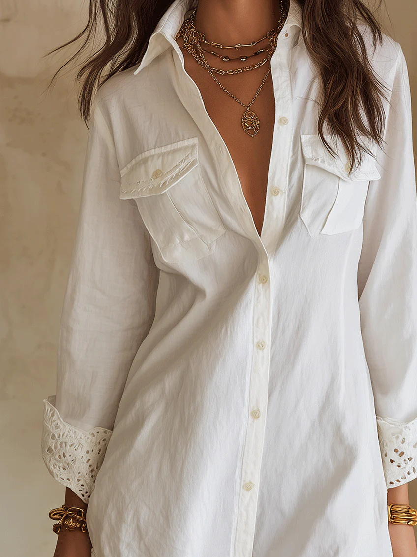 Women Lace Trim Button-Down Shirt Dress