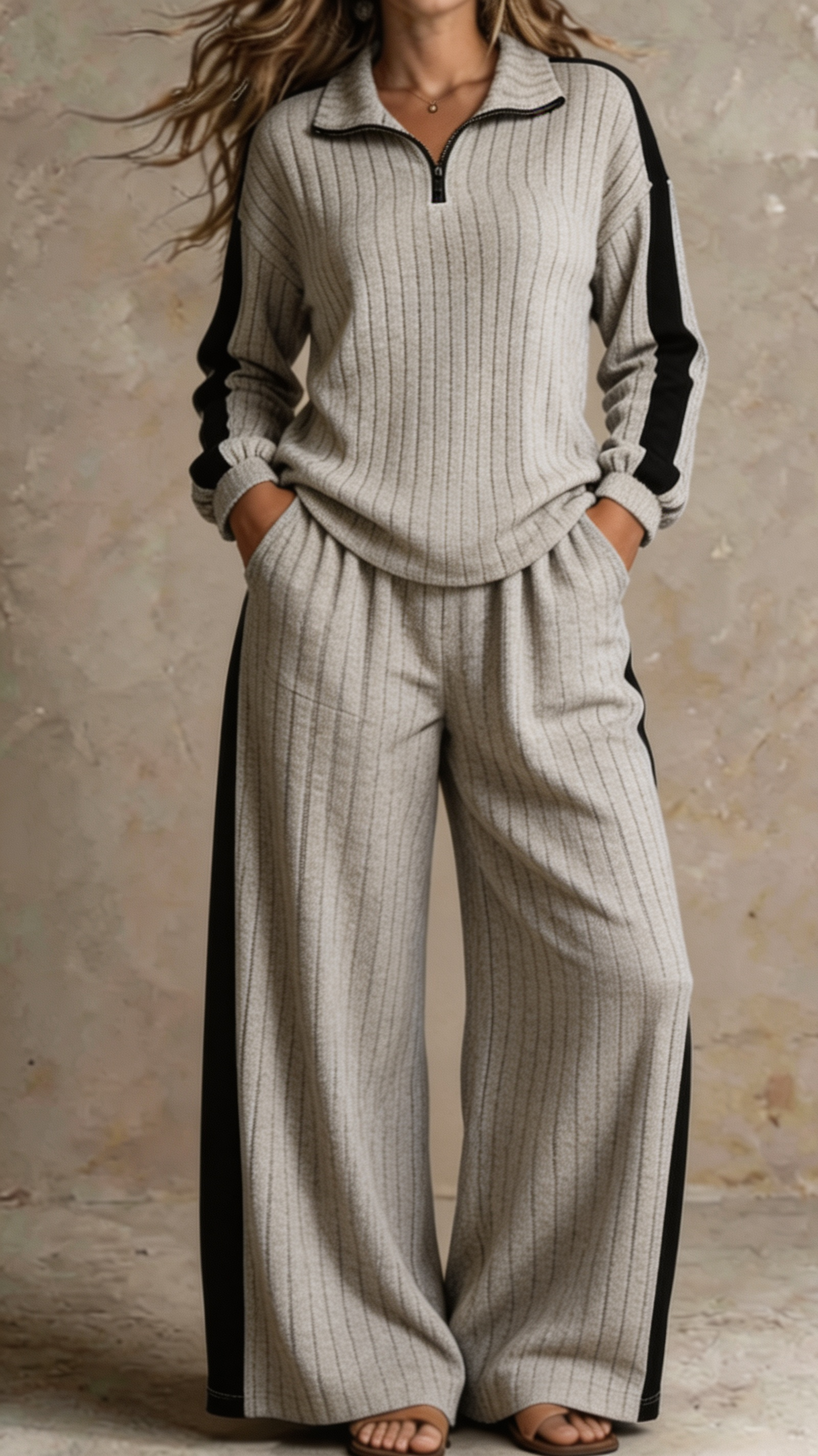 Women Ribbed Half-Zip Lounge Two-Piece Set