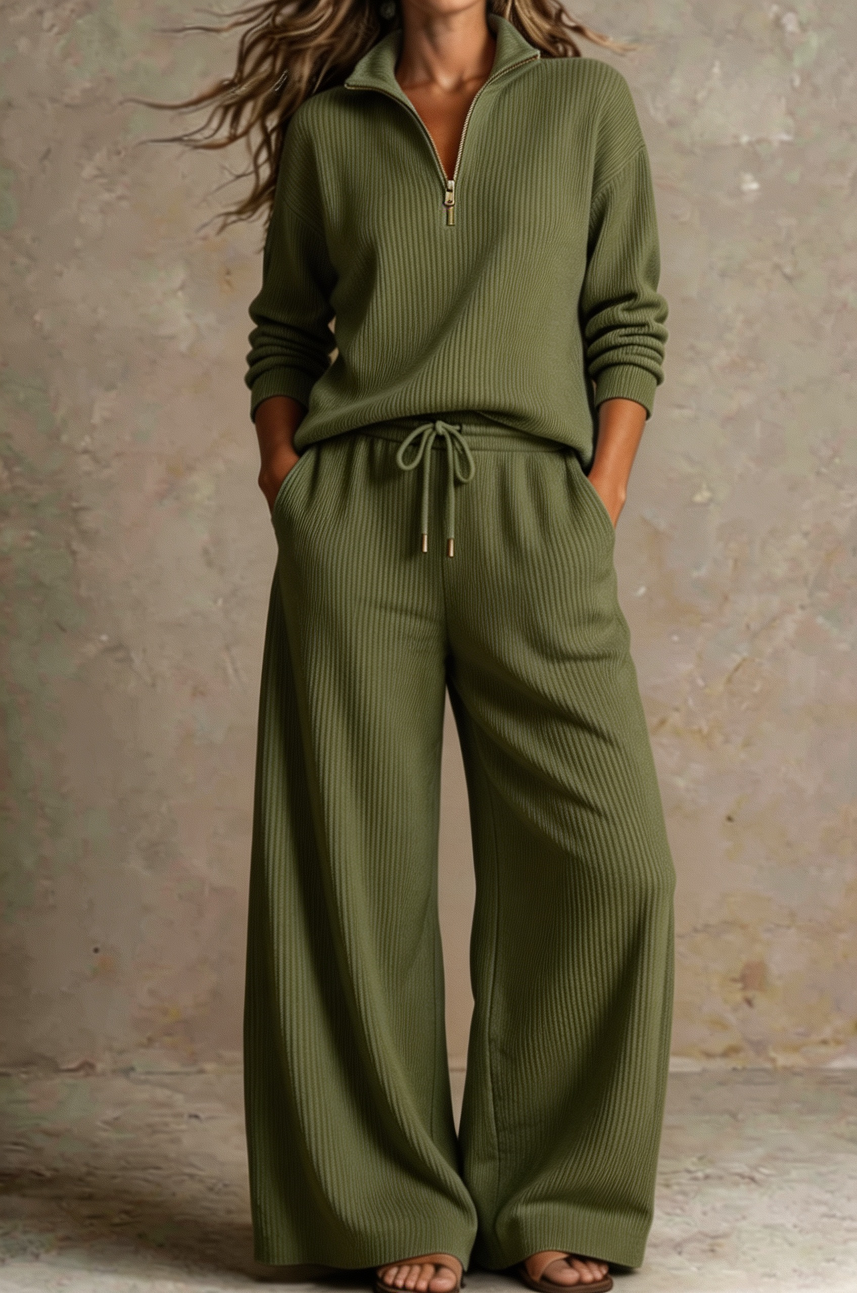 Women Ribbed Half-Zip Knit Two-Piece Set