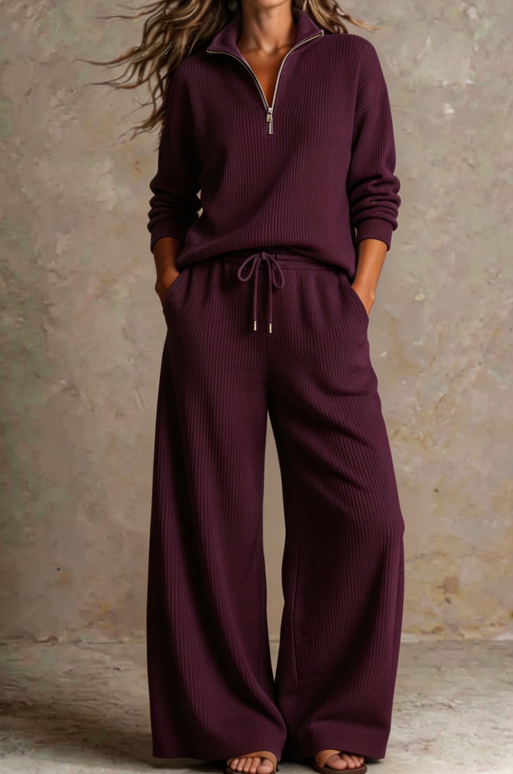 Women Ribbed Half-Zip Knit Two-Piece Set