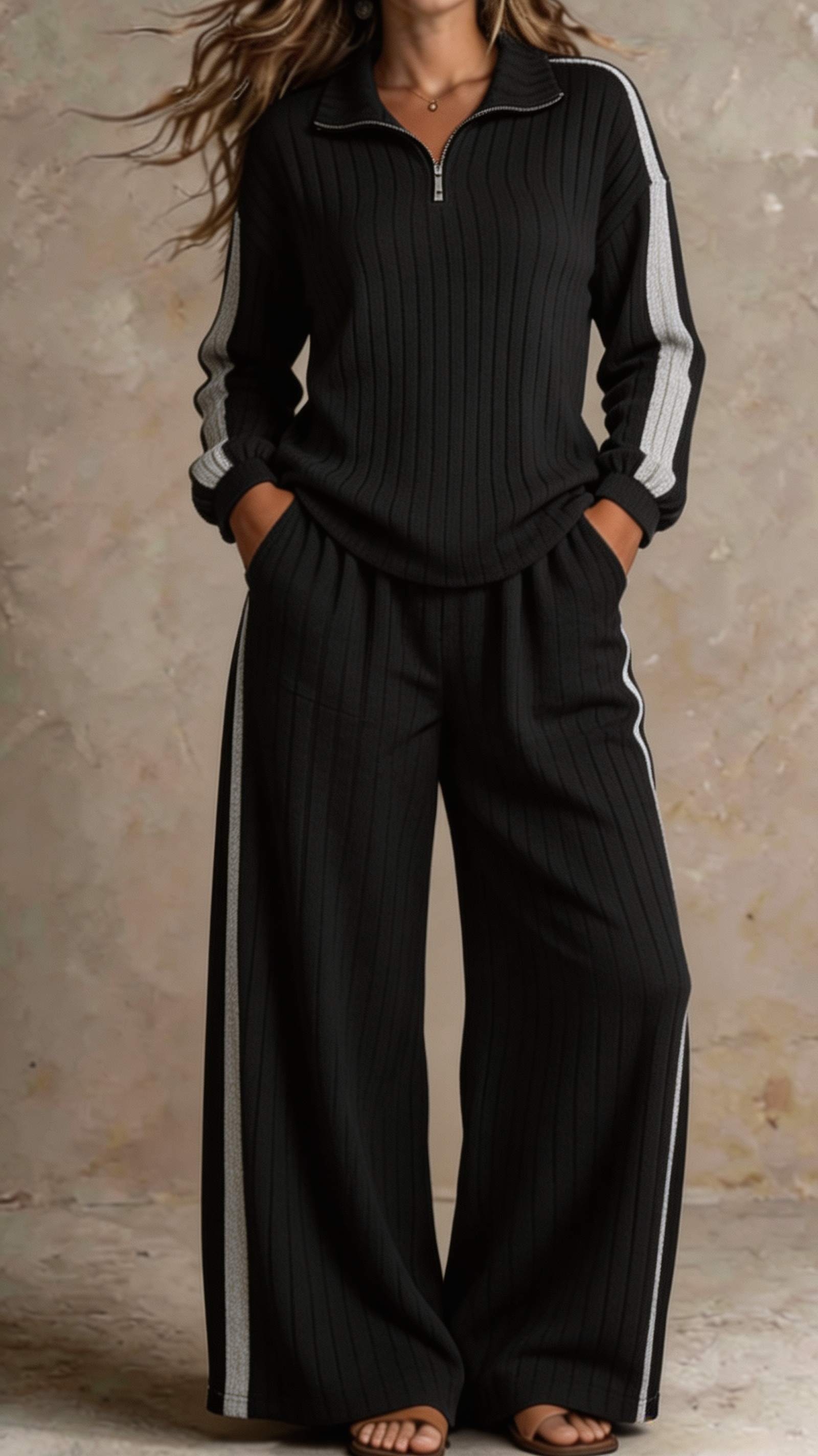 Women Ribbed Half-Zip Lounge Two-Piece Set