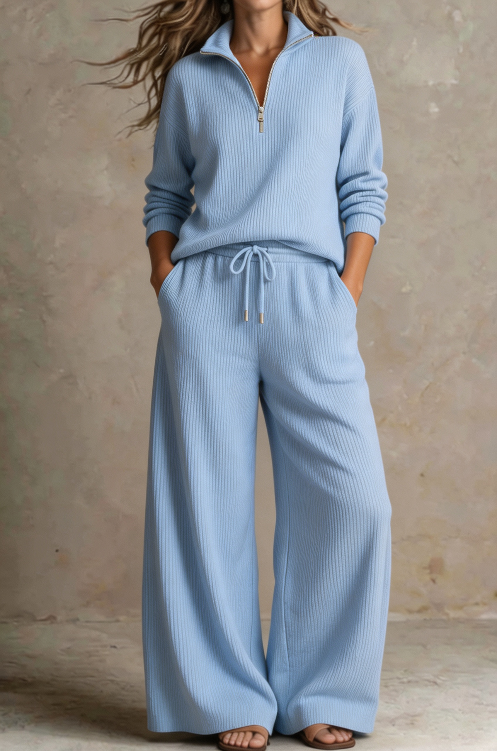 Women Ribbed Half-Zip Knit Two-Piece Set