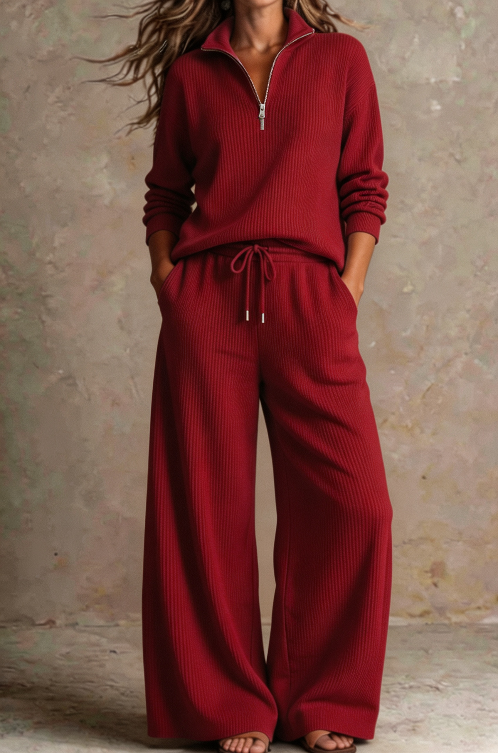 Women Ribbed Half-Zip Knit Two-Piece Set