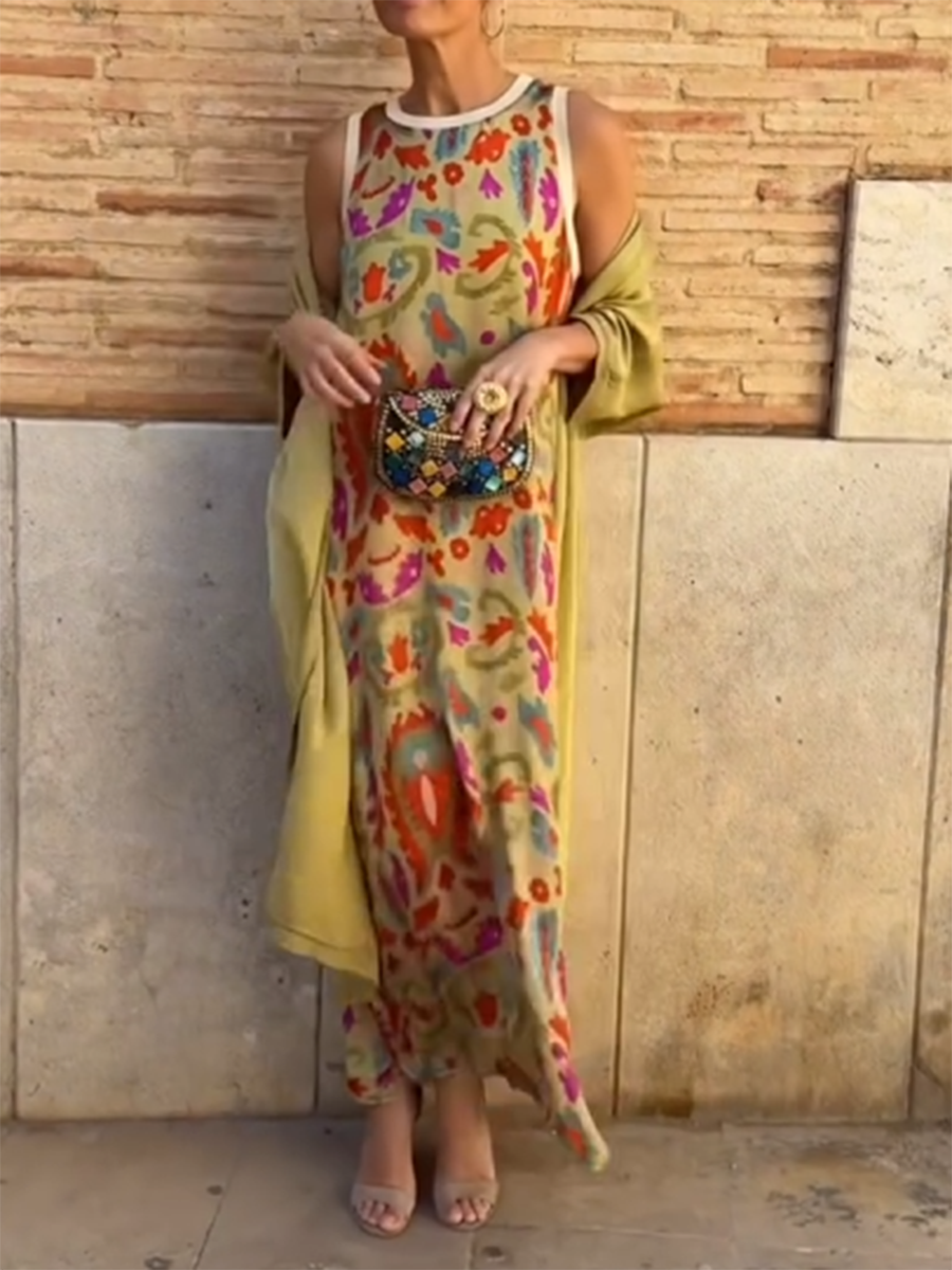 Women's Printed Satin Cardigan Dress Two-Piece Set