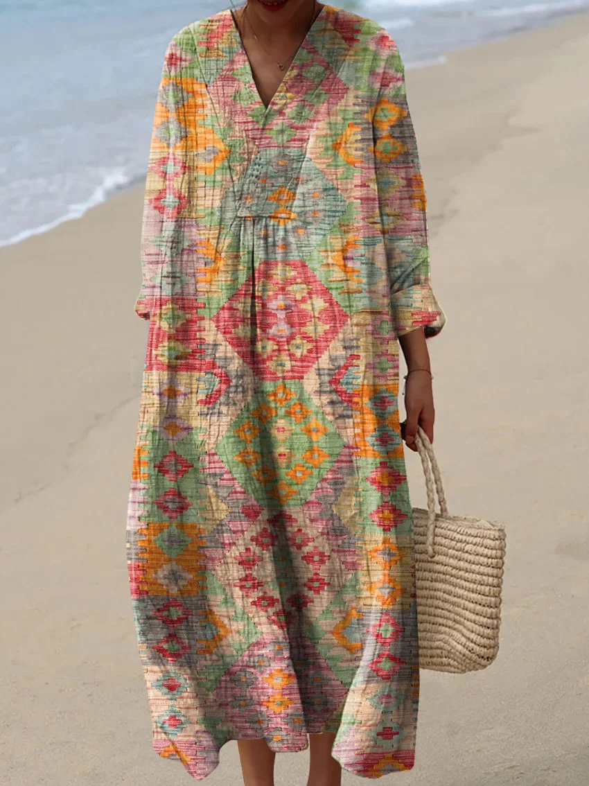 Women's Vintage Abstract Pattern Art Print Cotton Dress