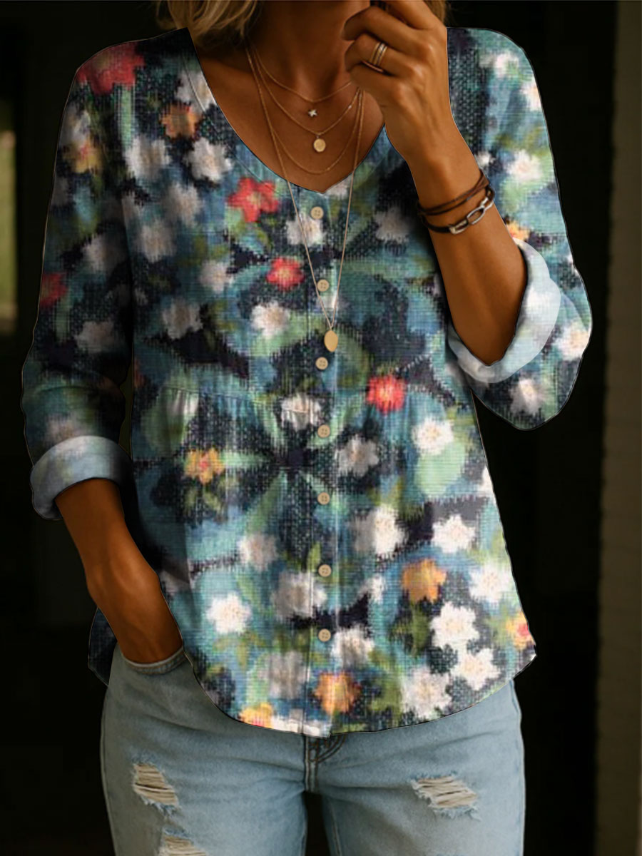 Women's Floral Pattern Art Print Casual Cotton Shirt