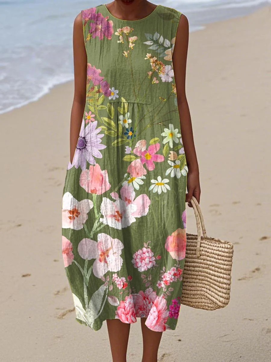 Women's Vintage Abstract Geometric Art Print Sleeveless Cotton Pocket Wrap Dress