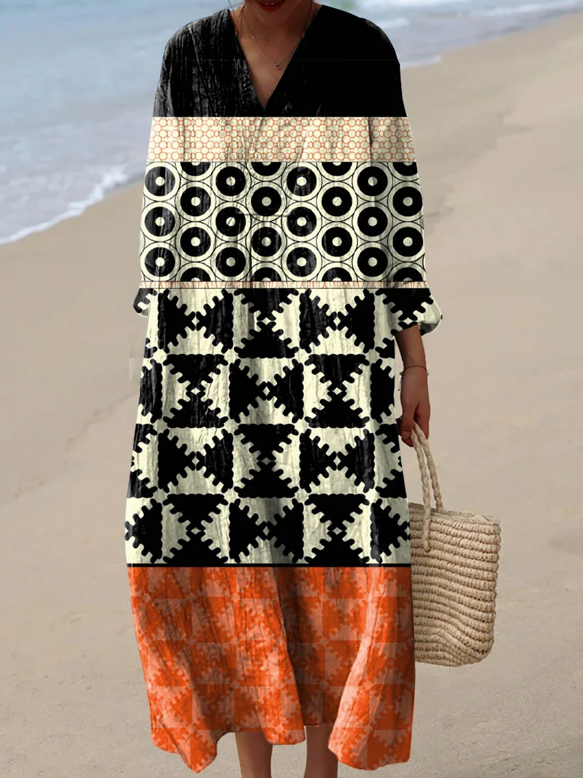 Women's Vintage Abstract Pattern Art Print Cotton Dress