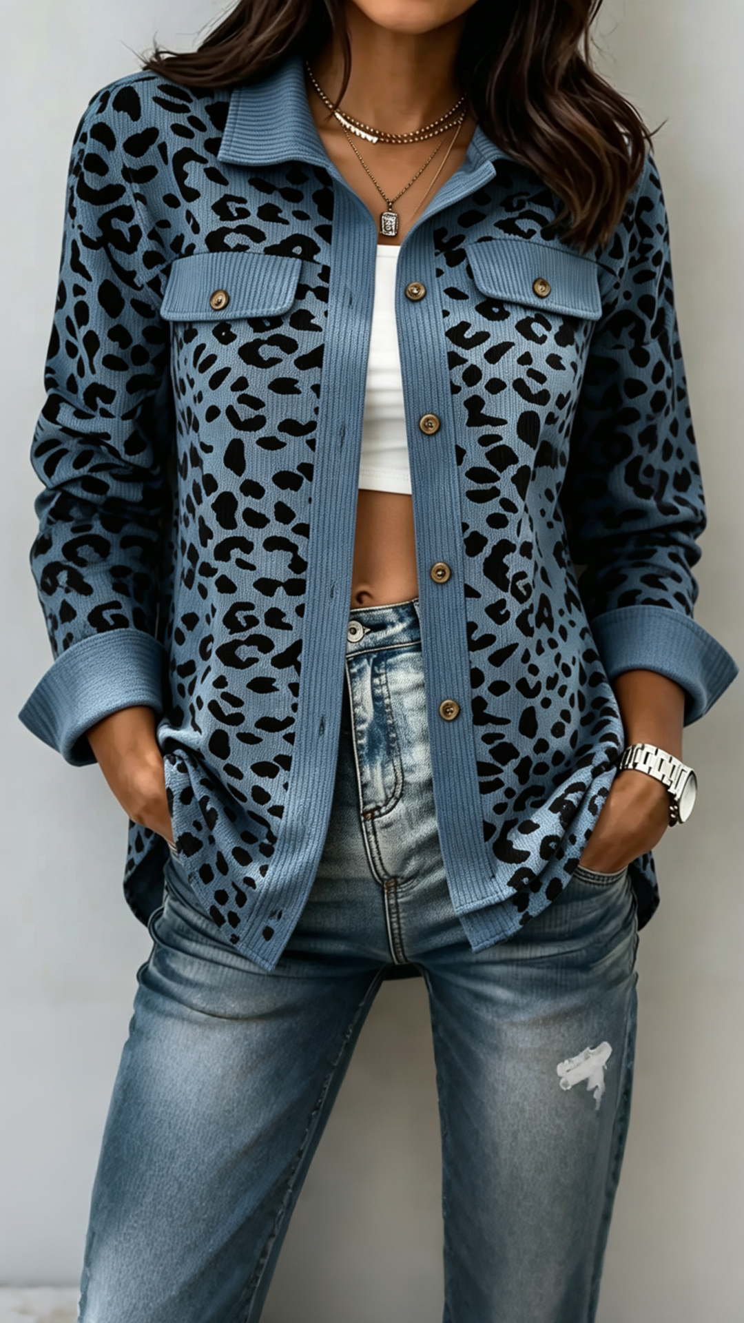 Women Leopard Print Button-Up Knit Jacket