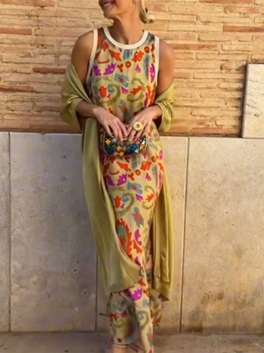 Women's Printed Satin Cardigan Dress Two-Piece Set