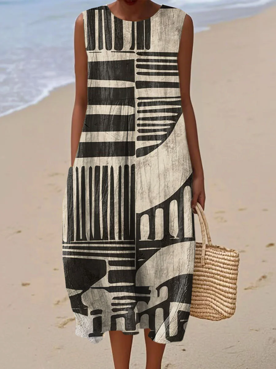 Women's Vintage Abstract Geometric Art Print Sleeveless Cotton Pocket Wrap Dress