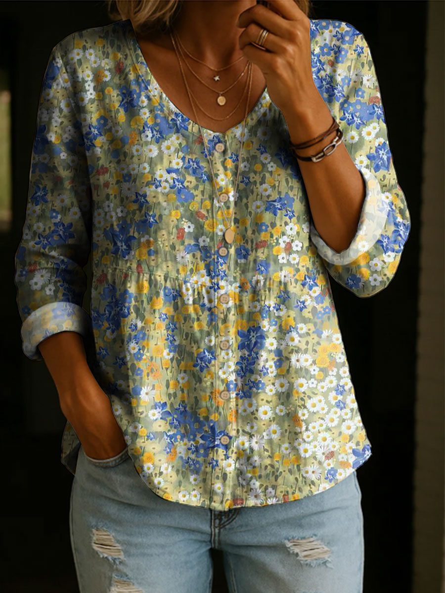 Women's Floral Pattern Art Print Casual Cotton Shirt