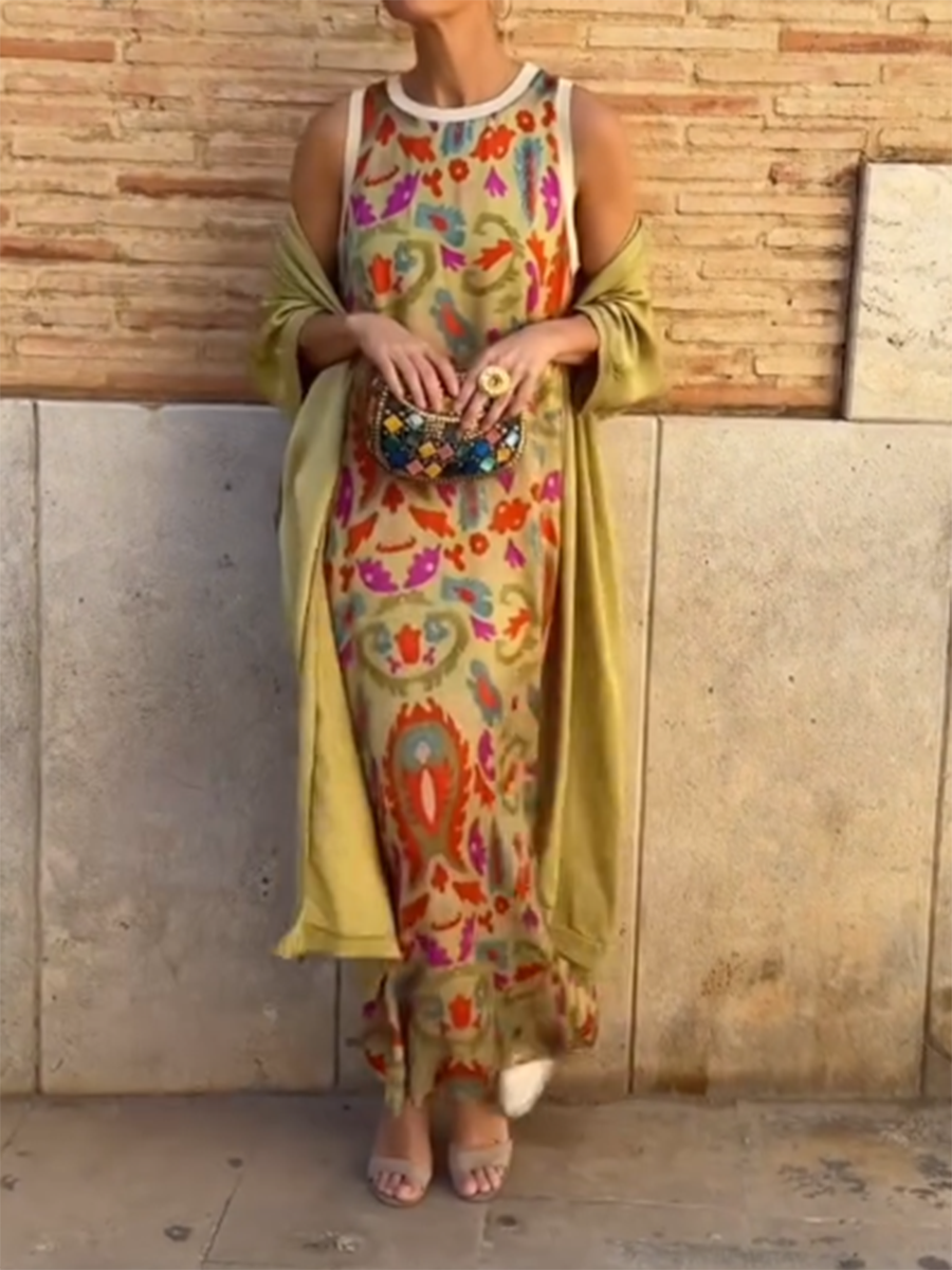 Women's Printed Satin Cardigan Dress Two-Piece Set