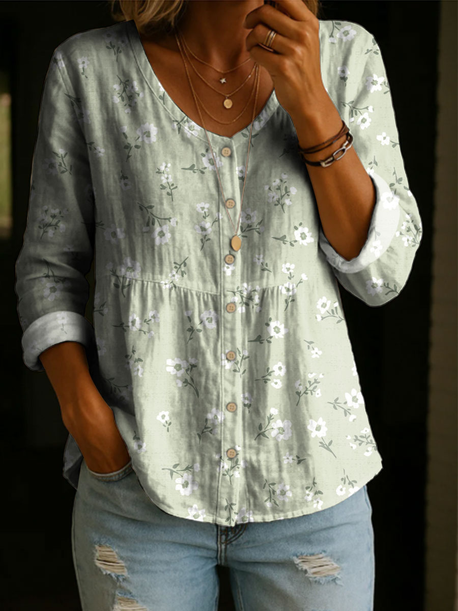 Women's Floral Pattern Art Print Casual Cotton Shirt