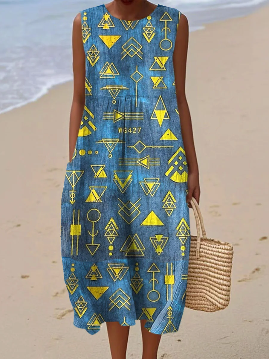 Women's Vintage Abstract Geometric Art Print Sleeveless Cotton Pocket Wrap Dress