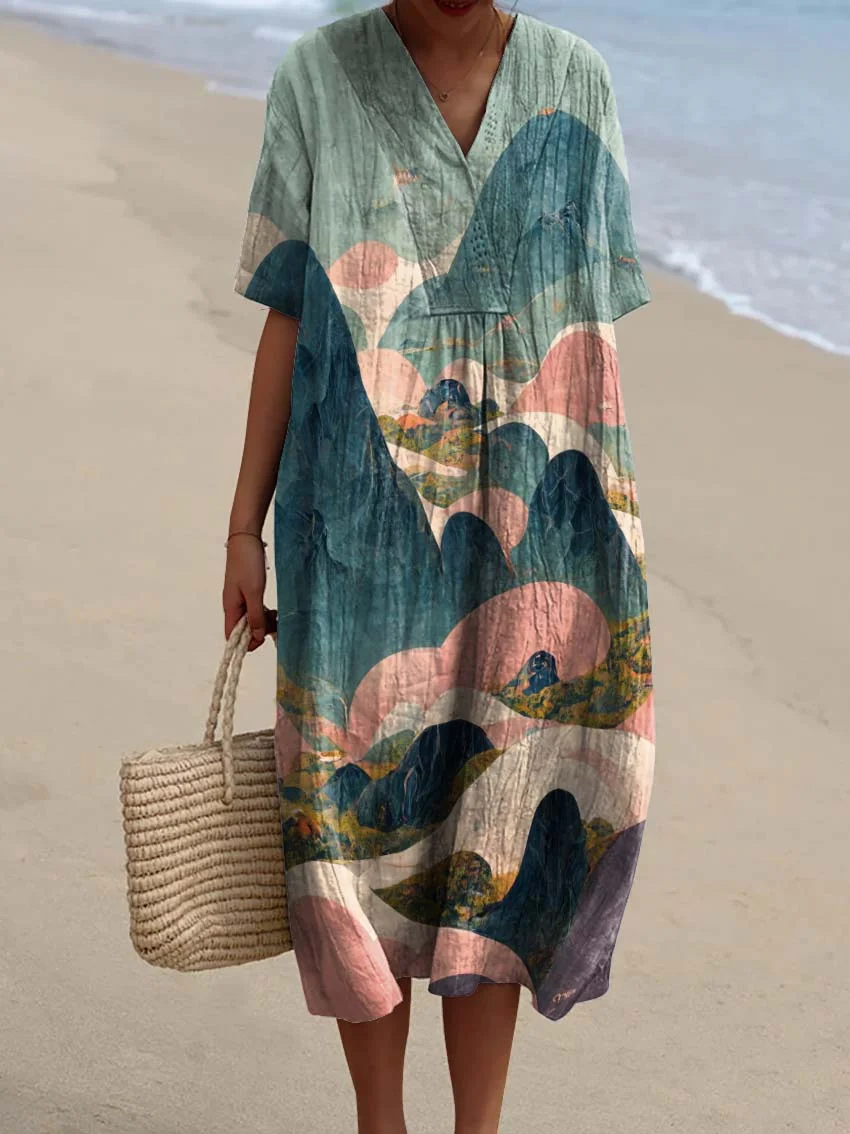 Women's Vintage Abstract Pattern Art Print Cotton Dress