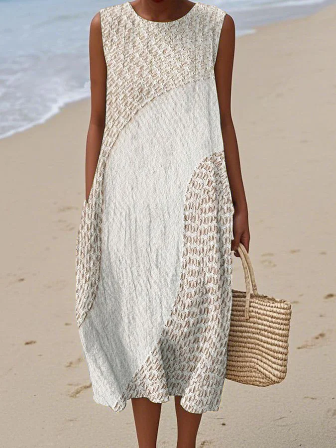 Women's Vintage Abstract Geometric Art Print Sleeveless Cotton Pocket Wrap Dress