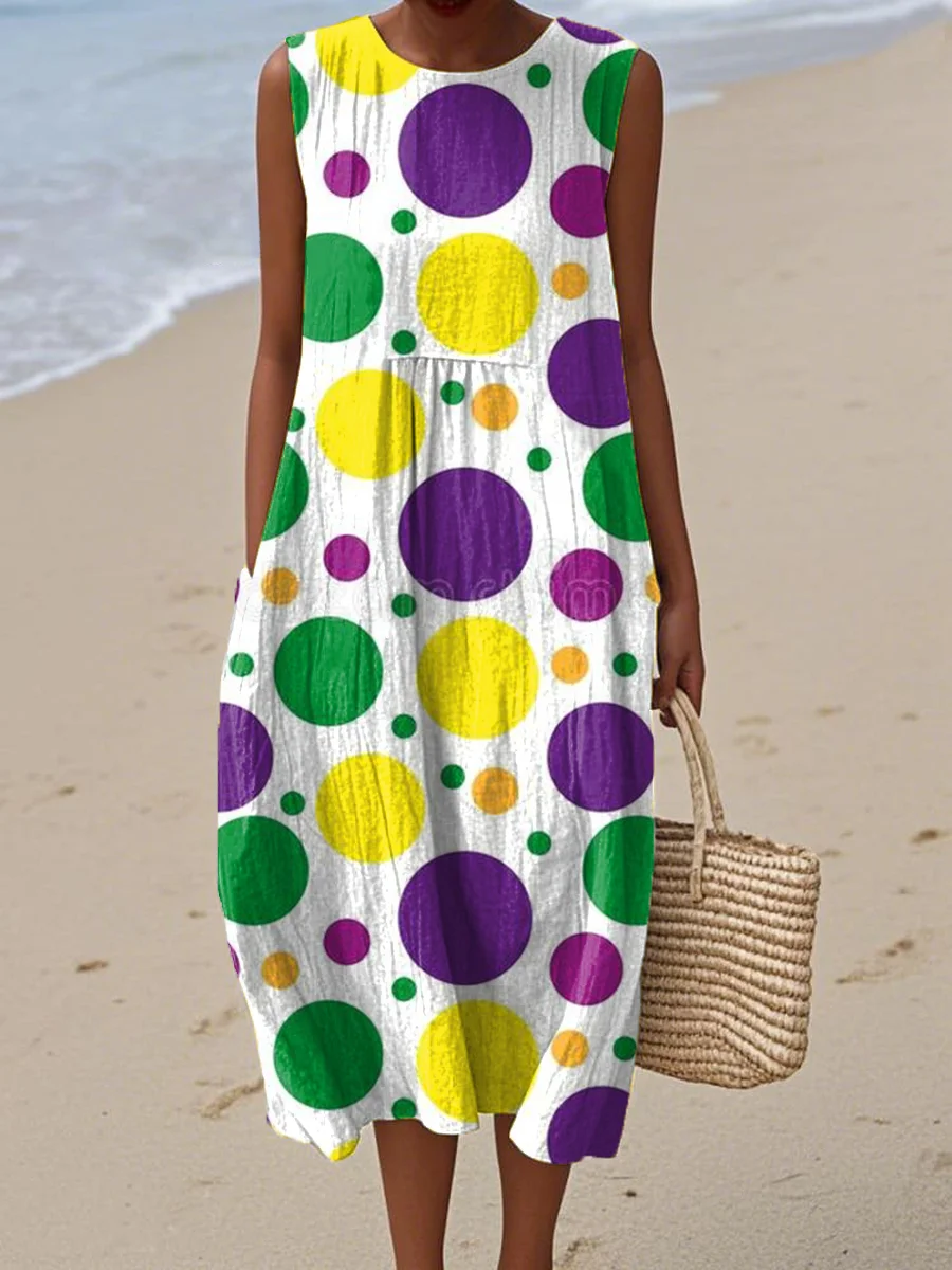 Women's Vintage Abstract Geometric Art Print Sleeveless Cotton Pocket Wrap Dress