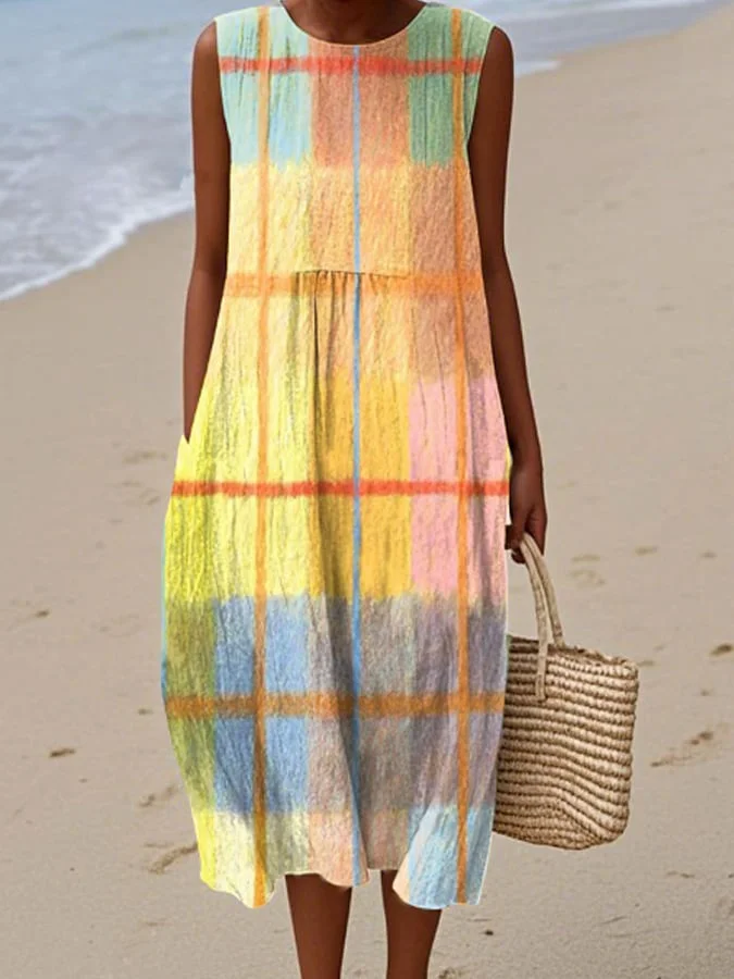 Women's Vintage Abstract Geometric Art Print Sleeveless Cotton Pocket Wrap Dress