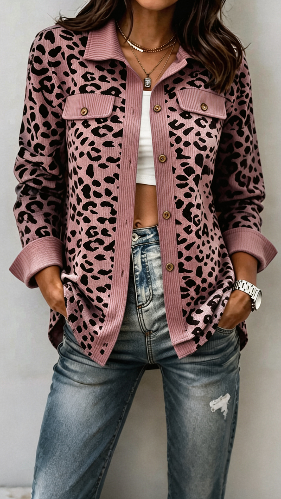 Women Leopard Print Button-Up Knit Jacket