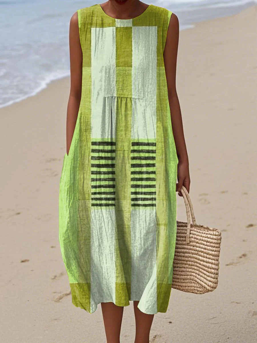 Women's Vintage Abstract Geometric Art Print Sleeveless Cotton Pocket Wrap Dress