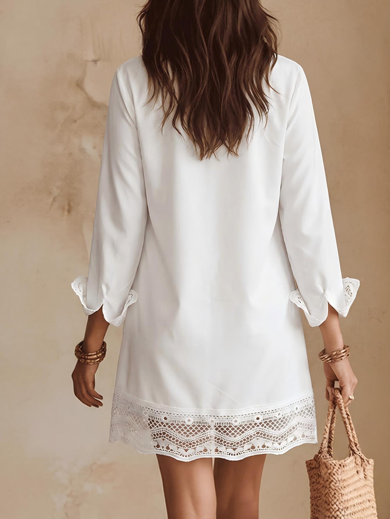 Women Lace Trim Button-Down Shirt Dress