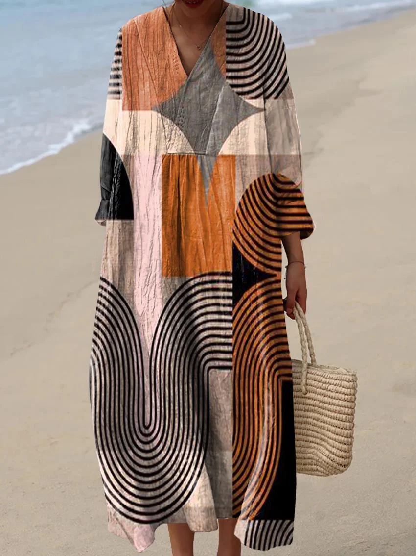 Women's Vintage Abstract Pattern Art Print Cotton Dress
