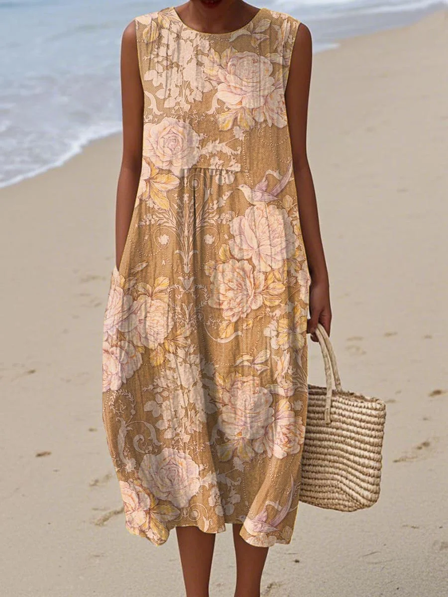 Women's Vintage Abstract Geometric Art Print Sleeveless Cotton Pocket Wrap Dress