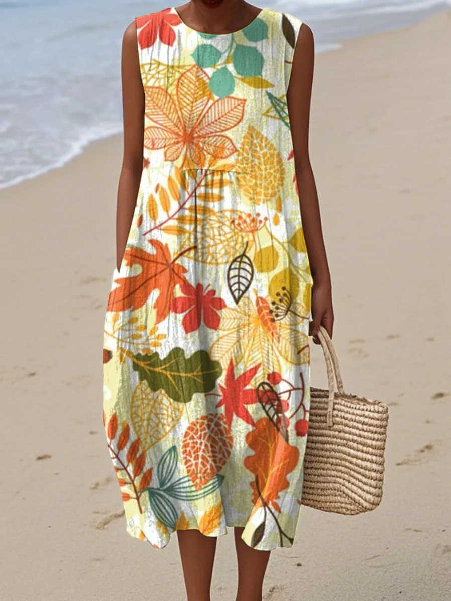 Women's Abstract Art Geometric Lines Print Sleeveless Cotton Pocket Wrap Dress